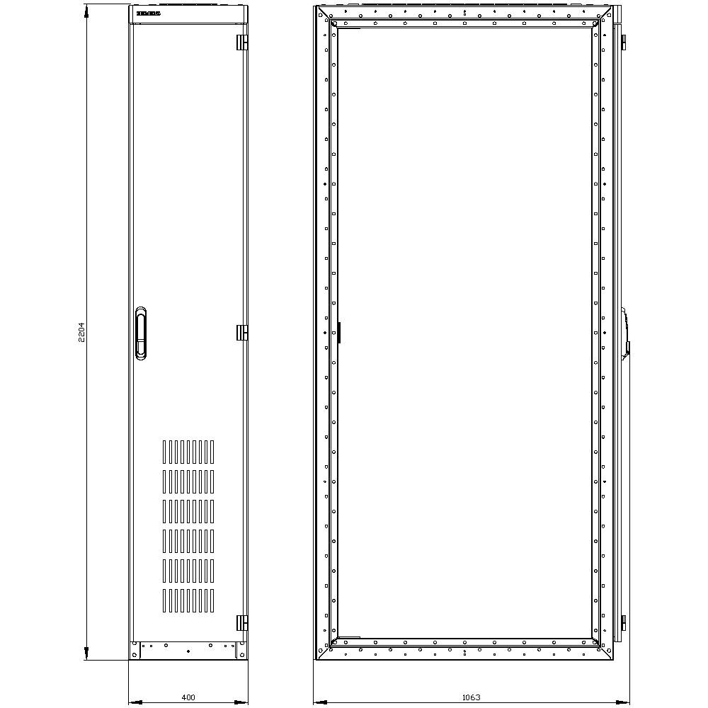 Dwa techniczne rysunki szafy sterowniczej. Po lewej widok z przodu z otworami wentylacyjnymi, po prawej widok z boku z zdejmowanymi drzwiami. Wymiary są podane.