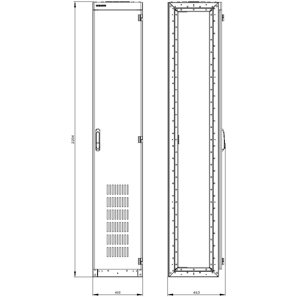 'Rysunek przedstawia rysunek techniczny szafy o wymiarach 2044 mm wysokości, 460 mm szerokości i 463 mm głębokości.'