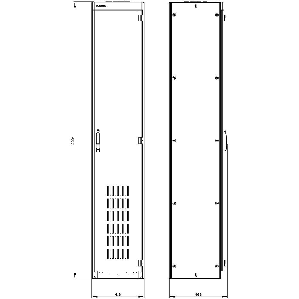 Rysunek techniczny szafki metalowej z drzwiami. Wymiary podane w milimetrach: wysokość 2364, szerokość 418 z przodu, głębokość 463 z boku.