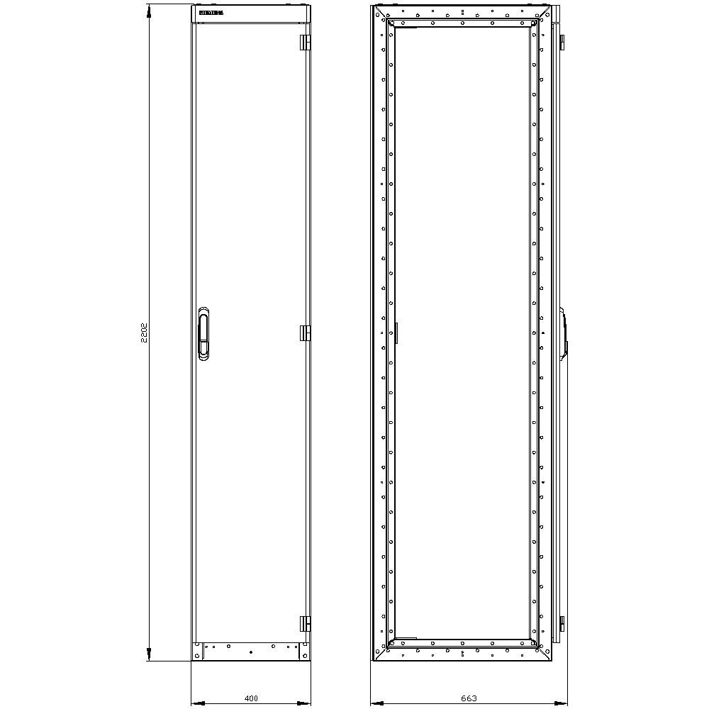 Rysunek techniczny wąskiej szafy z widokiem z przodu i boku. Wysokość: 2.025 mm, szerokość: 400 mm, głębokość: 645 mm.
