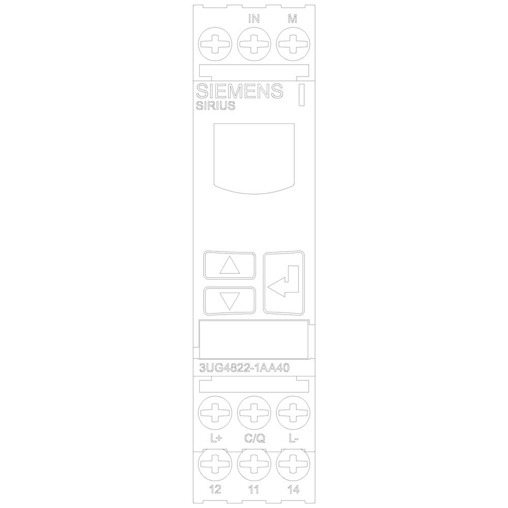 Siemens Sirius 3UG4822-1AA40 - przekaźnik czasowy z przyciskami do regulacji ustawień. Górna część przedstawia złącza do podłączeń elektrycznych.