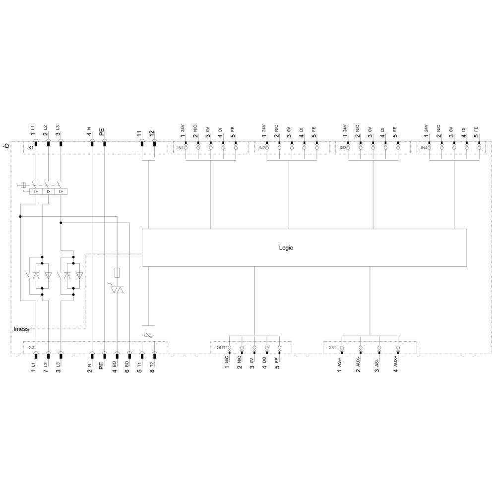 Elektryczny schemat ideowy przedstawiający logikę, punkty pomiarowe, induktory, przekaźniki oraz połączenia między elementami.