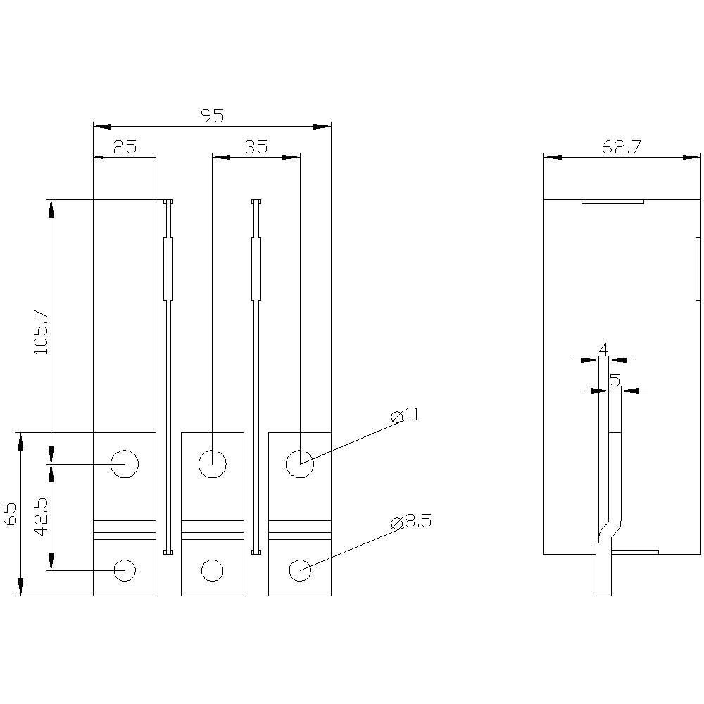 Rysunek techniczny płyt metalowych z otworami. Wymiary wynoszą 105,7 mm x 35 mm x 4 mm. Widok statusowy przedstawia dwa widoki boczne.