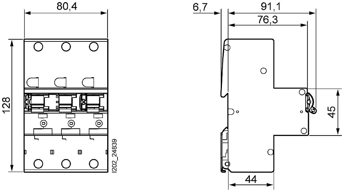 Rysunek techniczny elementu z wymiarami: po lewej stronie 80,4 mm x 128 mm, po prawej stronie szerokość 76,3 mm, wysokość 91,1 mm, głębokość 44 mm.