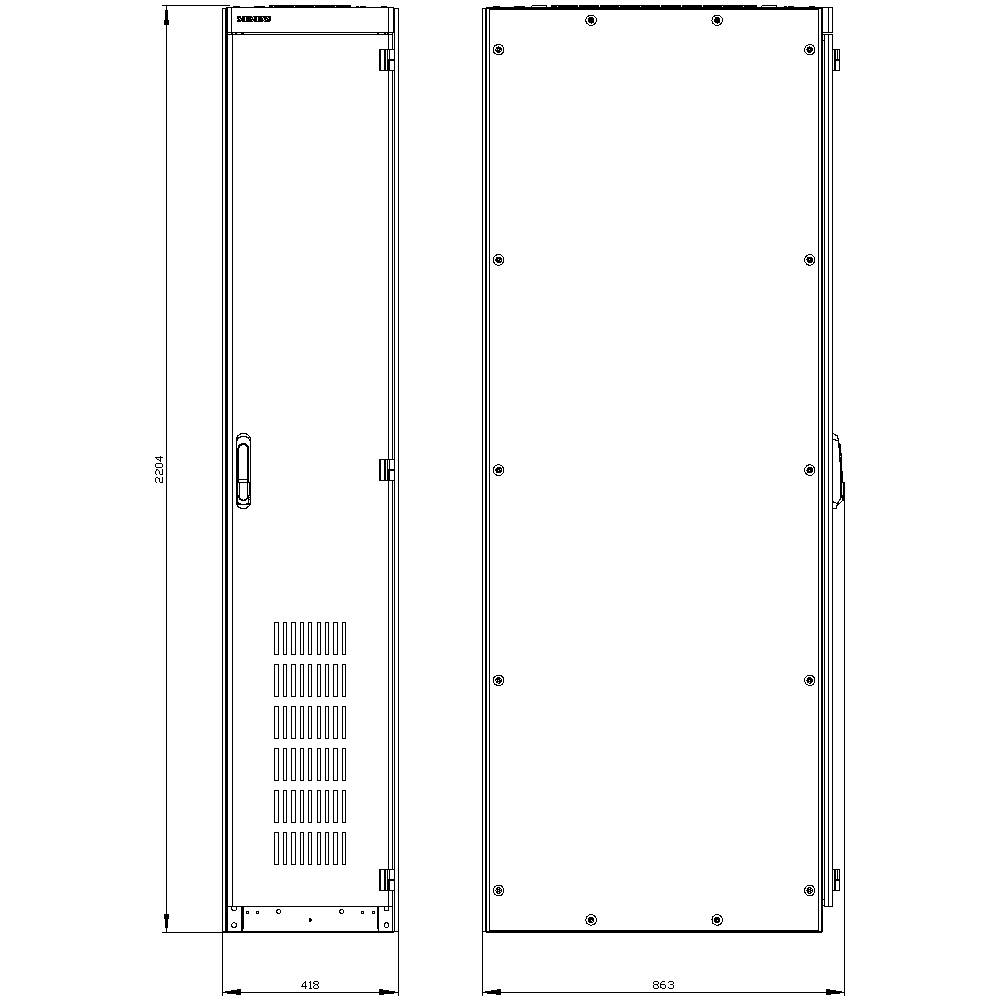 Rysunek techniczny wysokiej, wąskiej szafy sterowniczej z wymiarami: wysokość 2204 mm, szerokość 419 mm, widok z boku 953 mm.