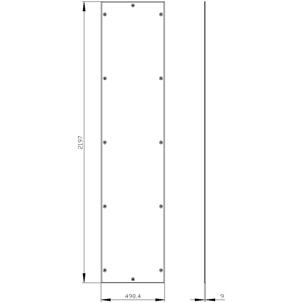Dwie rysunki techniczne prostokątnego panelu. Widok z przodu przedstawia wymiary 2197 x 498,4 mm, widok z boku pokazuje grubość 9 mm.