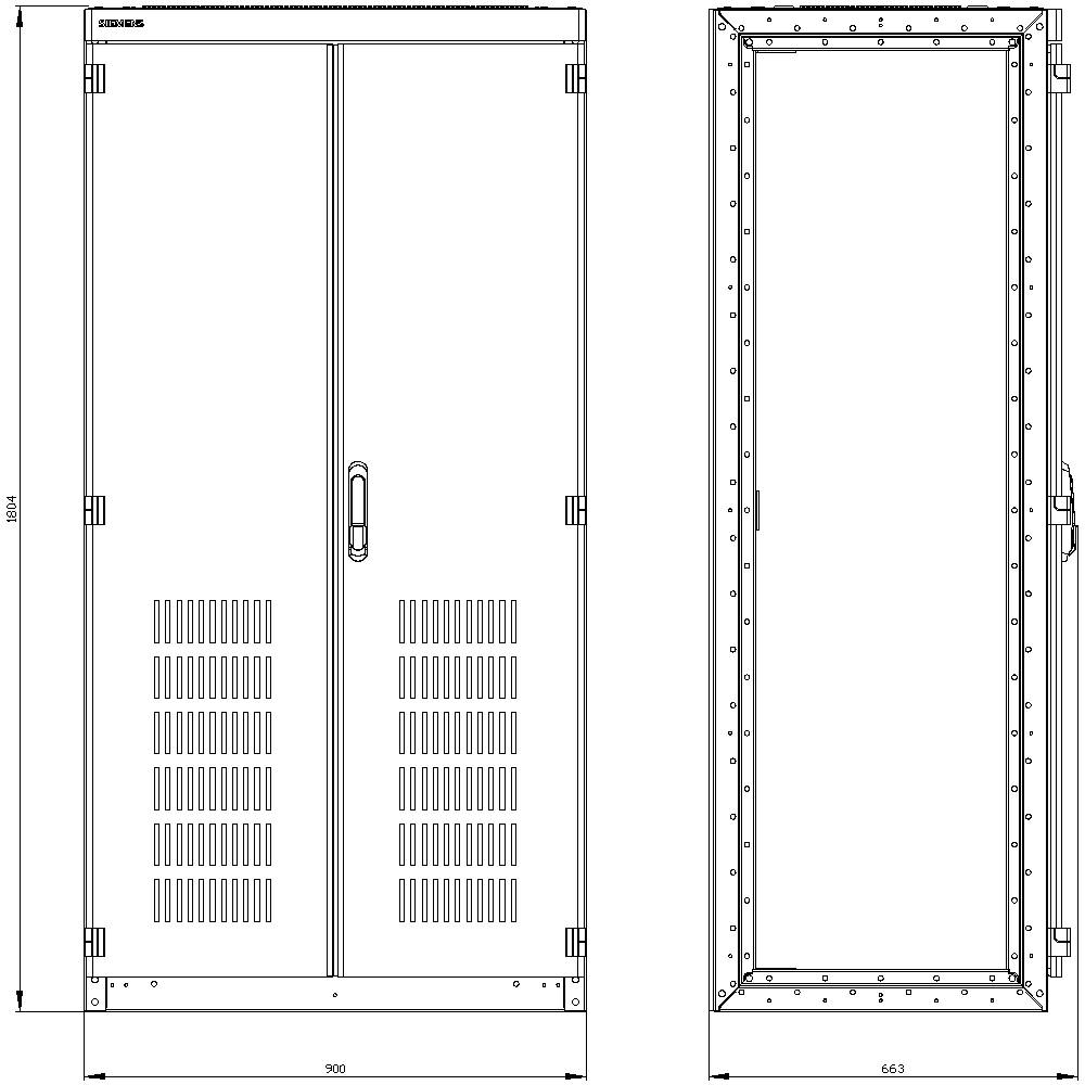 Rysunek techniczny szafy metalowej o wymiarach: 1204 mm wysokości, 900 mm szerokości, 663 mm głębokości. Przedstawiono widok z przodu i z boku.