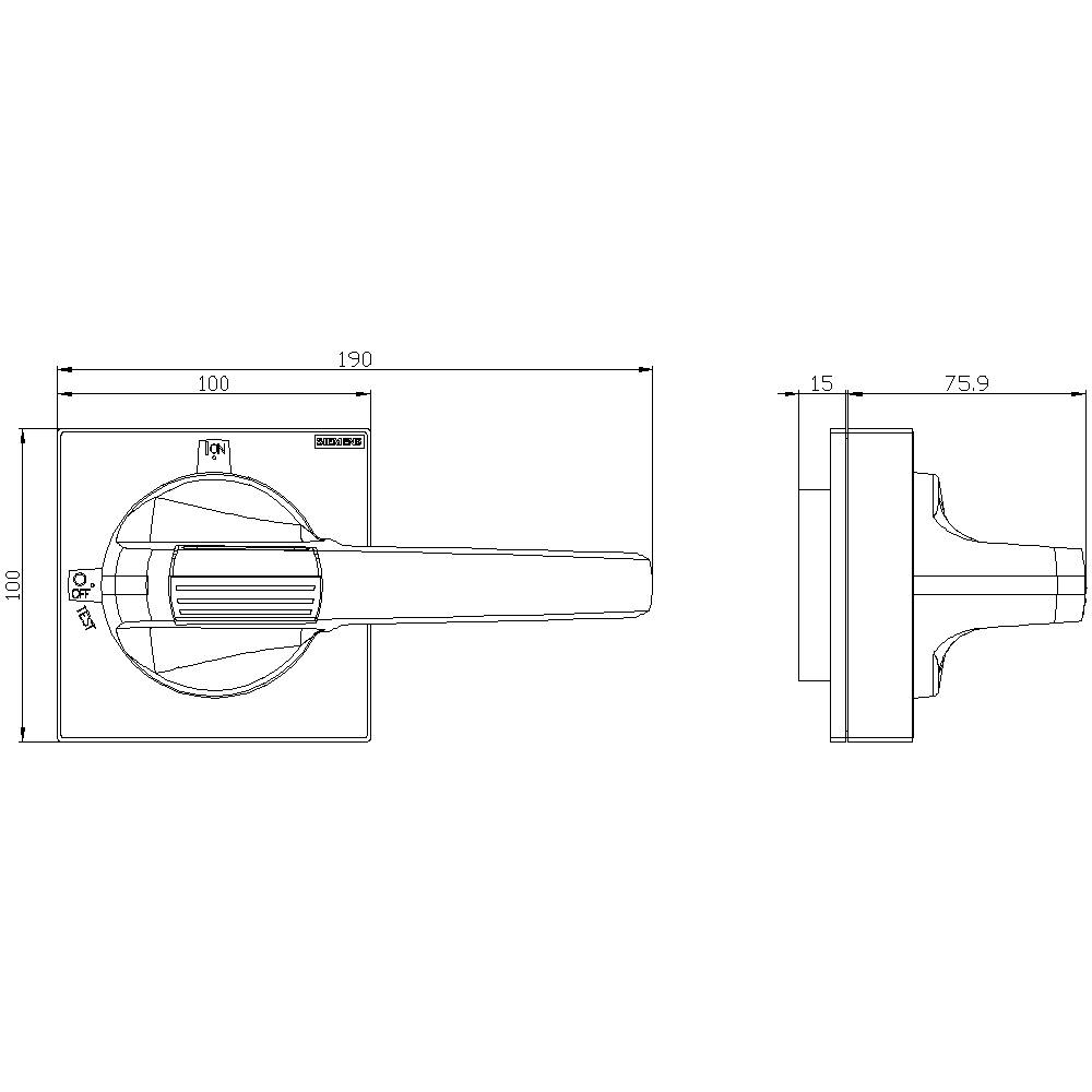Rysunek techniczny kwadraturowego uchwytu dźwigniowego o wymiarach 100x100 mm. Widok z boku pokazuje długość 75,9 mm, widok z przodu pokazuje 190 mm.