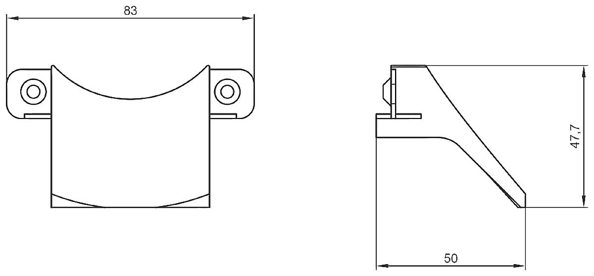 Rysunek techniczny okucia z wymiarami: szerokość 83 mm, wysokość 47,7 mm, głębokość 50 mm. Widok z boku i z przodu.