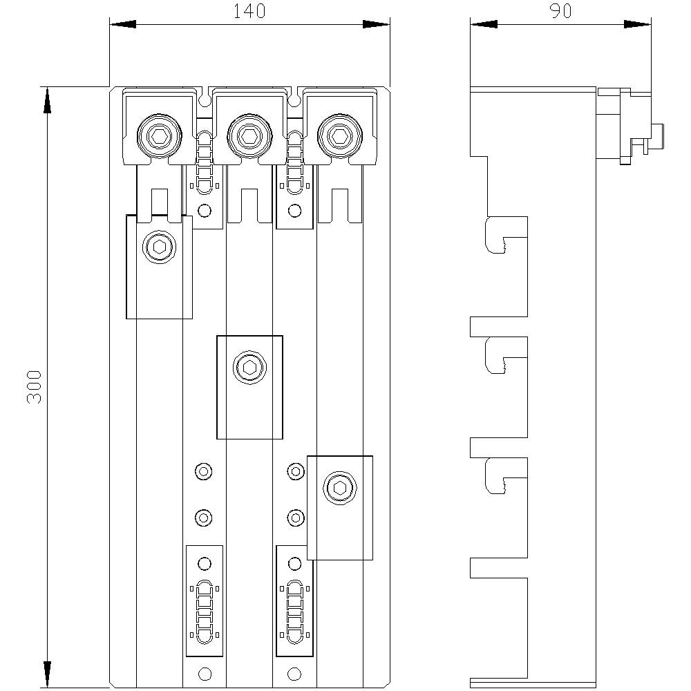 Rysunek techniczny modułu komponentów elektrycznych z wymiarami: szerokość 140 mm, wysokość 300 mm, głębokość 90 mm. Przedstawia widok z przodu i z boku wraz ze szczegółami podłączeń.