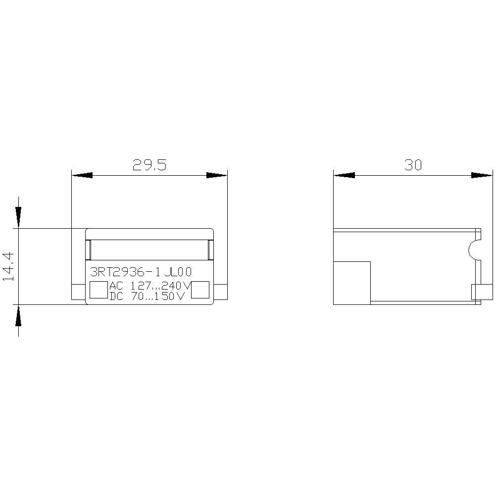 Techniczna ilustracja prostokątnego urządzenia o wymiarach 29,5 mm x 14,4 mm x 30 mm, z napisem '3RT2936-1L00'.