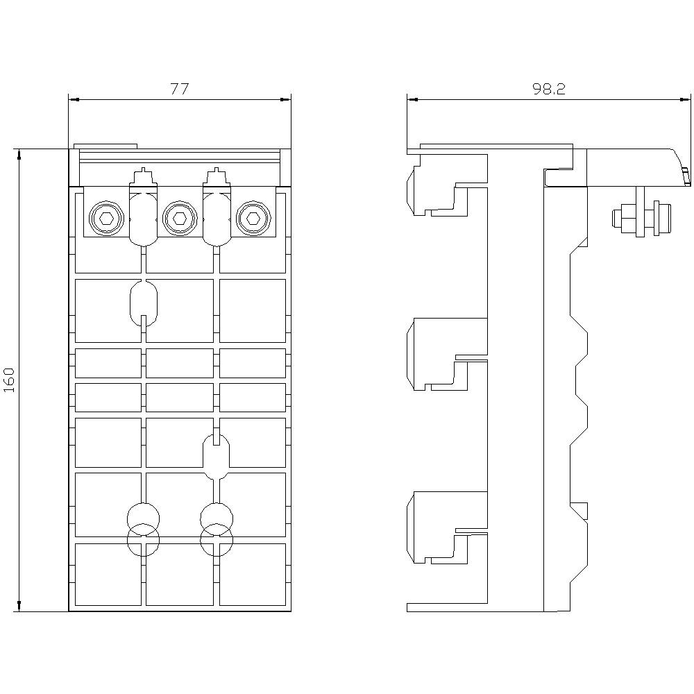 Rysunek techniczny elektrycznego przełącznika z wymiarami: szerokość 77 mm, głębokość 98,2 mm, wysokość 160 mm. Przedstawia widok z przodu i z boku.