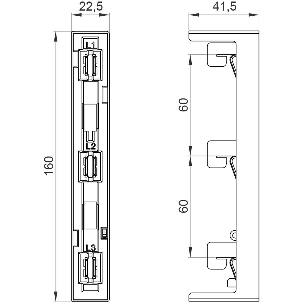 Rysunek techniczny prostokątnego profilu metalowego o wymiarach 160 mm x 41,5 mm. Zawiera szczegóły dotyczące elementów wewnętrznych.