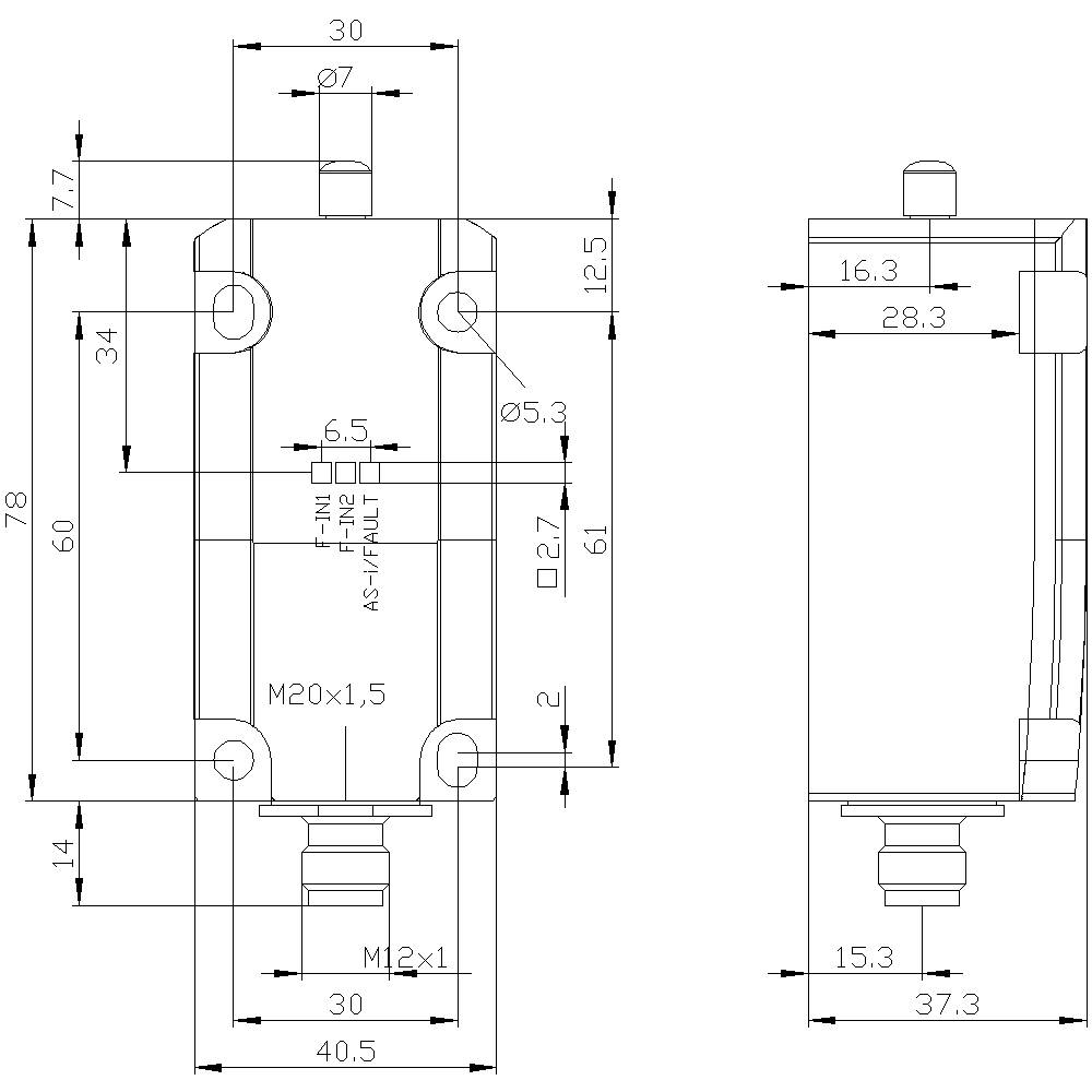 Rysunek techniczny części cylindrycznej z wymiarami. Widoczne są: średnica 7 mm, całkowita długość 78 mm, szerokość 40,5 mm.
