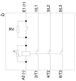 Schemat elektryczny obwodu przekaźnikowego z zaciskami E1 (+), A2 (-) oraz RV, U i wieloma połączeniami do T1, T2, T3.
