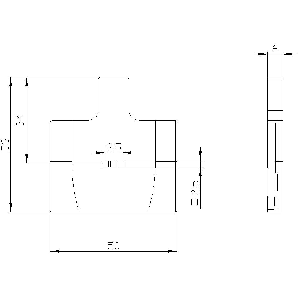 Rysunek techniczny cylindrycznej komponenty z wymiarami: szerokość 50 mm, wysokość 53 mm, górna krawędź 6 mm, widok z boku ukazuje grubość 6 mm.