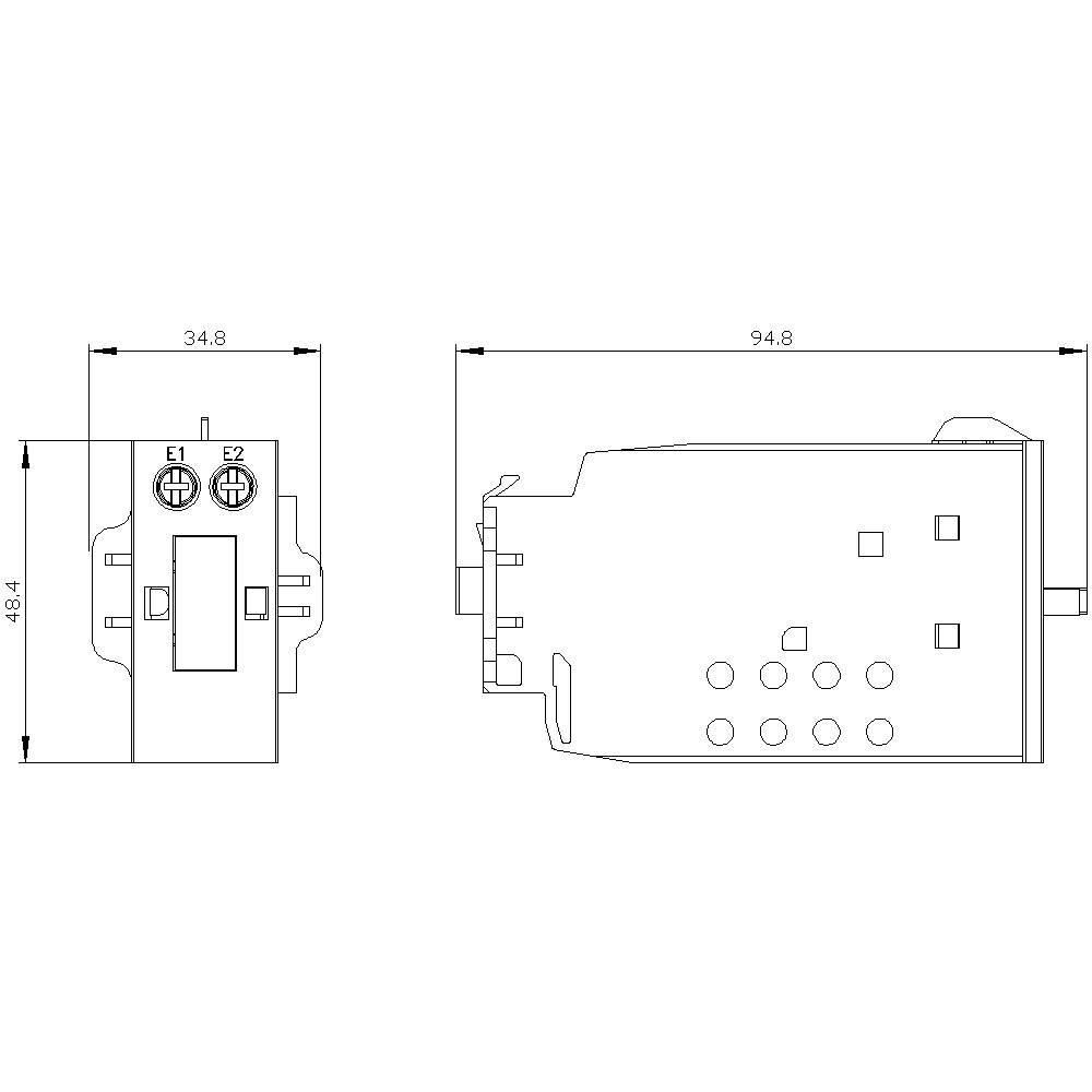 Rysunek techniczny elementu elektronicznego o wymiarach 34,8 x 48,4 x 94,8 mm. Przedstawia widok z przodu i z boku wraz ze szczegółami.