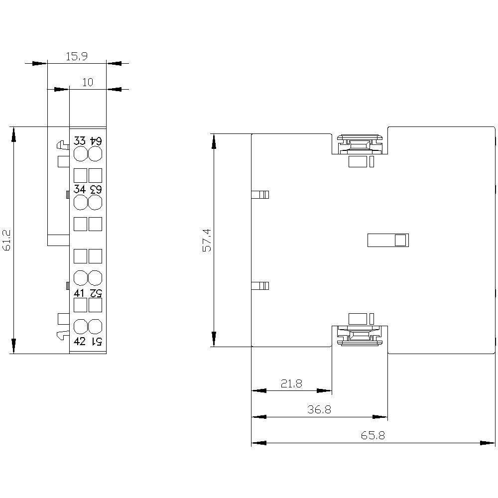 Rysunek techniczny modułu elektrycznego z wymiarami: wysokość 61,2 mm, szerokość 15,9 mm, głębokość 57,4 mm. Zaznaczone złącza i punkty mocowania.