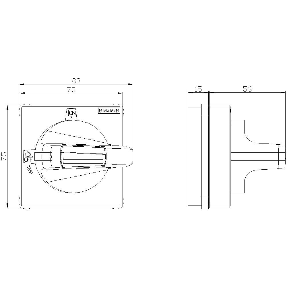 Rysunek techniczny przełącznika z widokiem z góry i widokiem z boku. Wymiary: 83x75 mm oraz 75x15 mm. Kluczowe pozycje: 'Włączony', 'Wyłączony'.