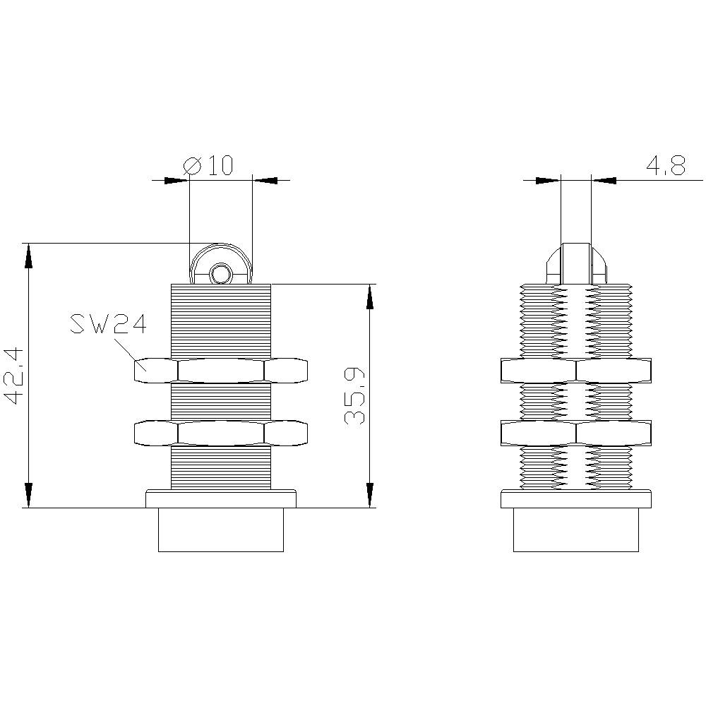 Rysunek techniczny cylindrycznego złącza wtykowego z wymiarami: wysokość 42,4 mm, średnica 10 mm, nakrętka SW24. Widok z boku przedstawia gwint.