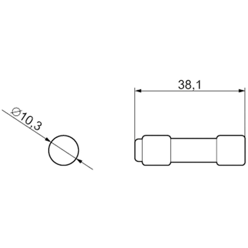 Rysunek techniczny dwóch elementów cylindrycznych. Po lewej stronie koło o średnicy 10,3 mm, po prawej wydłużona forma o długości 38,1 mm.
