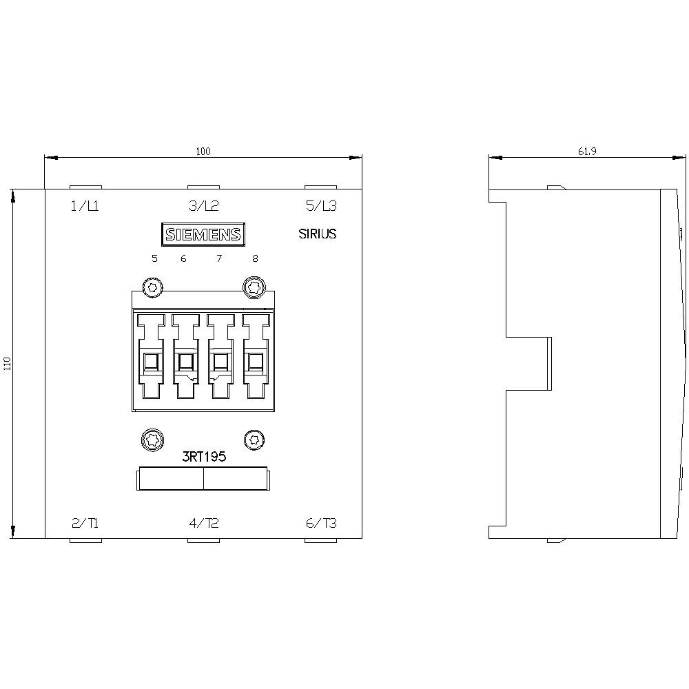 'Prezentuje schemat techniczny elementu Siemens Sirius z widocznymi przyłączami elektrycznymi, pokazany z przodu i z boku, wraz z wymiarami. Widoczne są informacje techniczne oraz punkty przyłączeniowe.'