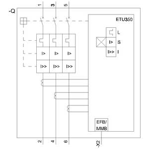 Schemat elektryczny jednostki sterującej ETU350 z obwodami elektrycznymi i liniami połączeń. Przedstawia moduł EFB/MMB podłączony do bezpieczników.