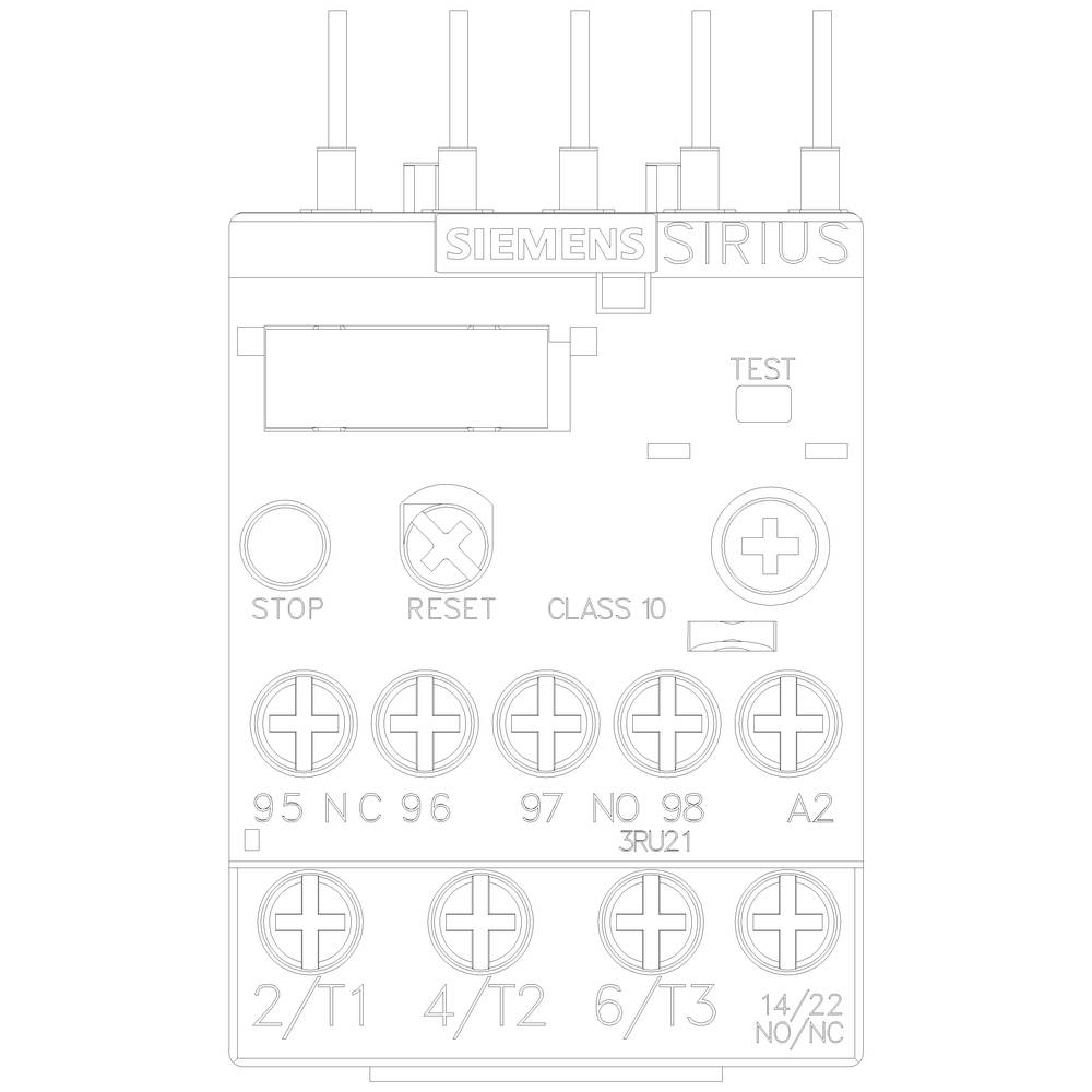 Diagram urządzenia Siemens SIRIUS JRU21 z przyciskami sterującymi: 'STOP', 'RESET' i 'TEST'. Przedstawia punkty przyłączeniowe i oznaczenia.