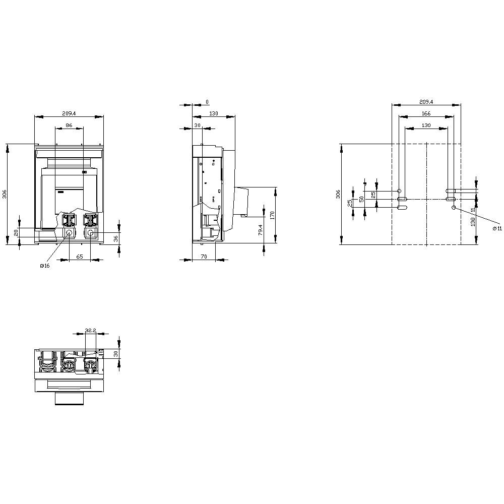 Rysunek techniczny elektrycznego przełącznika z wymiarami: wysokość 100 mm, szerokość 65 mm, głębokość 73 mm. Widok z góry, widok z przodu i widok z boku.