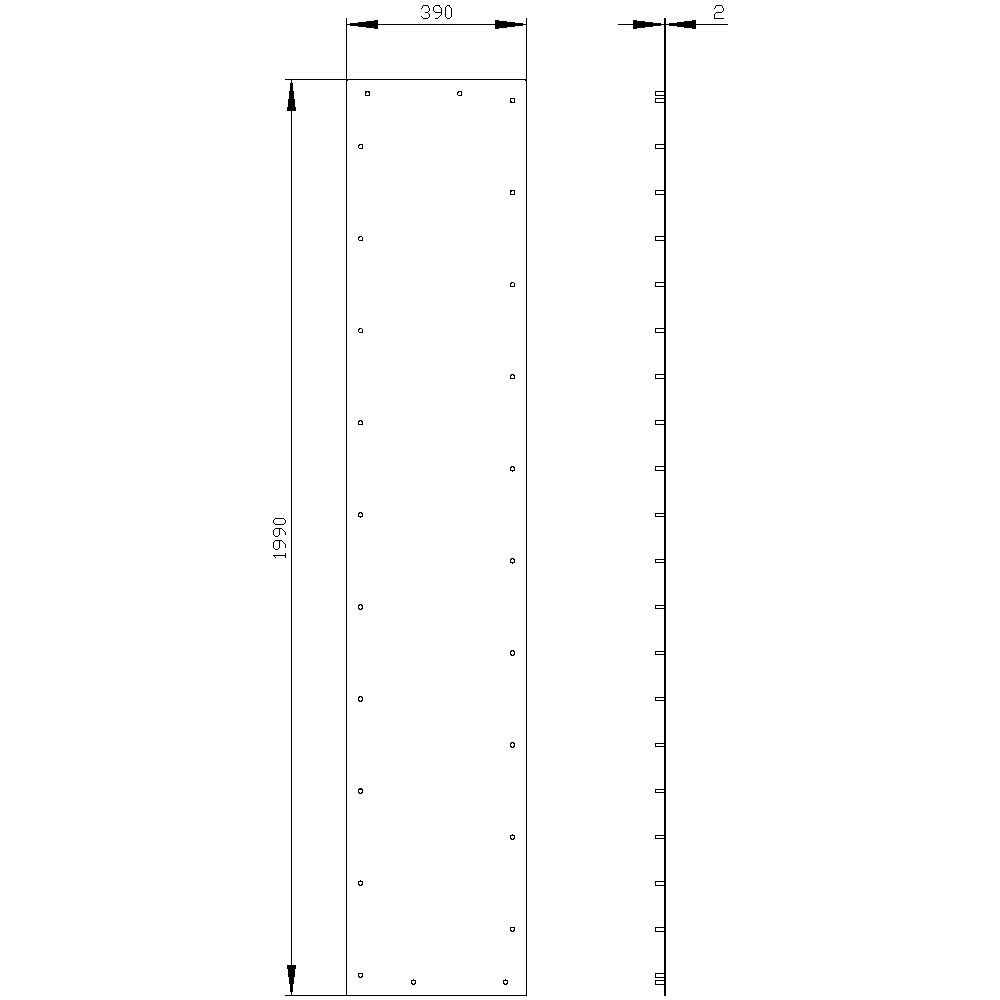 Dwie prostokątne płyty, jedna widziana z przodu, druga z boku. Wymiary: 1990 mm długości, 390 mm szerokości, 2 mm grubości. Widoczne rozmieszczenie otworów.