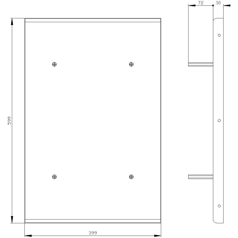 Rysunek techniczny prostokąta z wymiarami: szerokość 399 mm, wysokość 599 mm, głębokość 72 mm. Wskazanie rozmieszczenia punktów mocowania.