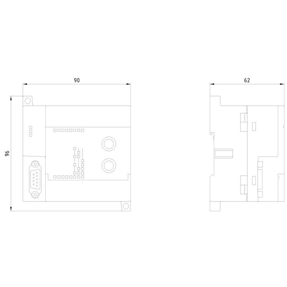 Rysunek techniczny urządzenia elektronicznego z wymiarami. Lewa część: 90 x 96 mm, prawy odcinek: 62 mm szerokości.