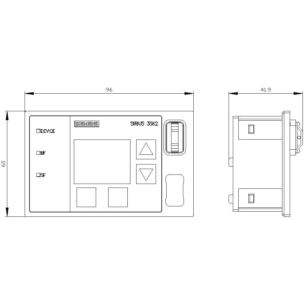 Rysunek techniczny prostokątnej jednostki sterującej z wyświetlaczem i przyciskami, wymiary: 96x60x41,9 mm, widok z prawego profilu bocznego.
