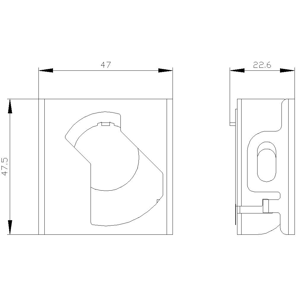 Rysunek techniczny elementu z dwoma widokami. Wymiary: 47,5 mm wysokości, 47 mm szerokości i 22,6 mm głębokości.