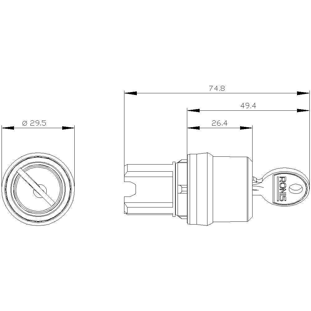 Rysunek techniczny klucza i zamka z wymiarami. Średnica zamka: 29,5 mm, całkowita długość: 74,8 mm, długość klucza: 49,4 mm.