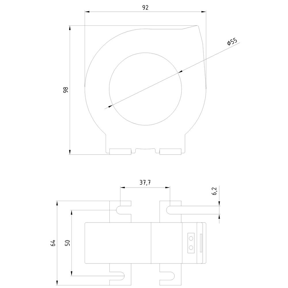 Rysunek techniczny elementu mechanicznego z wymiarami: 92 mm, 98 mm wysokości, średnica 55 mm, głębokość 64 mm.