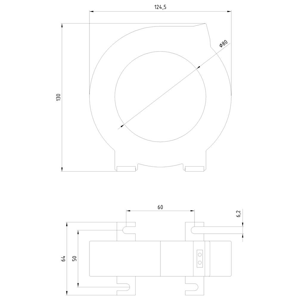 Rysunek techniczny okrągłego obiektu o następujących wymiarach: 124,5 x 130 mm wielkości zewnętrznej, 60 mm szerokości i 6,2 mm wysokości.