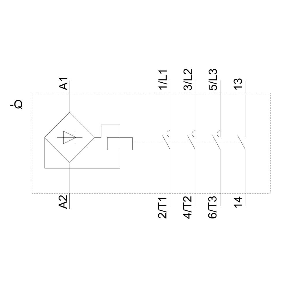 Schemat elektryczny urządzenia z wieloma zaciskami i symbolem diody obok A1, A2, 1/L1, 3/L2, 5/L3, 2/T1, 4/T2, 6/T3, 13 i 14.