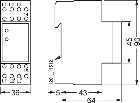 Schemat obudowy elektrycznego przełącznika z wymiarami: szerokość 36 mm, głębokość 64 mm, wysokość 90 mm. Przedstawia podłączenia L1 do L3.