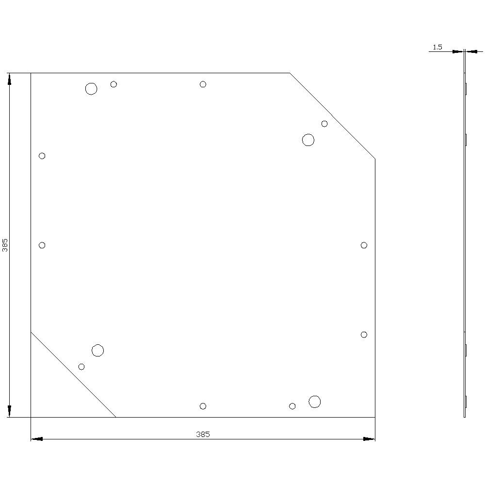 Rysunek techniczny prostokątnego elementu z fazowanym narożnikiem i otworami. Wymiary: 305 x 385 x 1,5 mm. Widok z boku i widok z przodu.