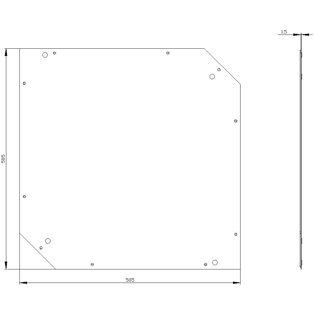 'Rysunek techniczny kwadratowej blachy metalowej z fazowanym narożnikiem. Wymiary: 585 mm x 585 mm, grubość 15 mm.'