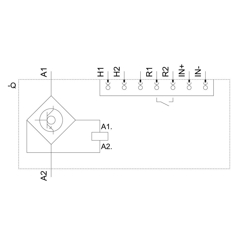Schemat elektryczny urządzenia z zaciskami A1, A2, H1, H2, R1, R2, IN+, IN-. W centrum znajduje się symbol czujnika.