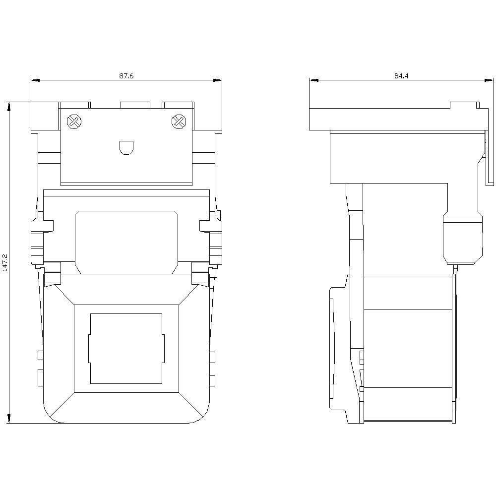 Rysunek techniczny urządzenia elektronicznego z widokiem z przodu i boku. Wymiary: szerokość 87,6 mm, głębokość 84,4 mm, wysokość 146,2 mm.