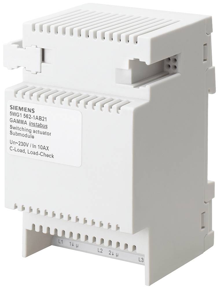 Białe urządzenie elektryczne włączające firmy Siemens, model 5WG1 562-1AB21, przeznaczone do 230V/10AX. Zaprojektowane do obciążenia C, z funkcją kontroli obciążenia.