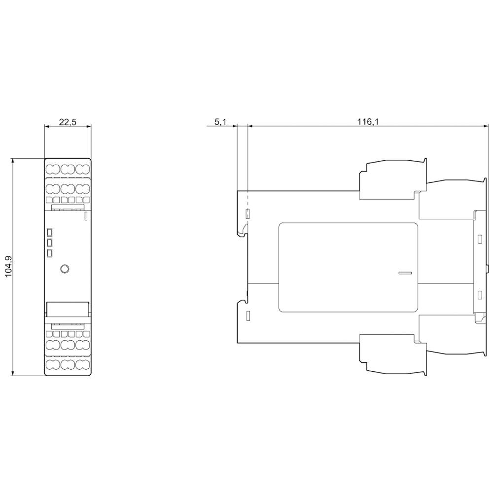 Rysunek techniczny prostokątnego elementu z wymiarami: 104,9 mm wysokości, 22,5 mm szerokości, 116,1 mm długości. Widok z przodu i z boku.