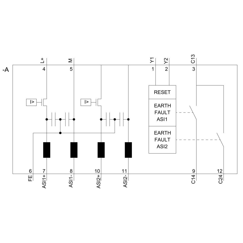 Diagram wykrywania zwarcia doziemnego. Przedstawia obwody elektryczne i przełączniki z oznaczeniami 'RESET', 'UZIEMIENIE', 'ASi1' i 'ASi2'.