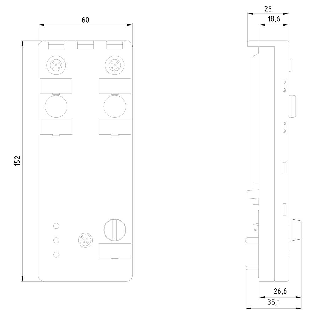 Rysunek techniczny prostokątnego urządzenia o wymiarach: 152 mm wysokości, 60 mm szerokości, 26 mm głębokości. Przedstawia widoki z przodu i z boku.