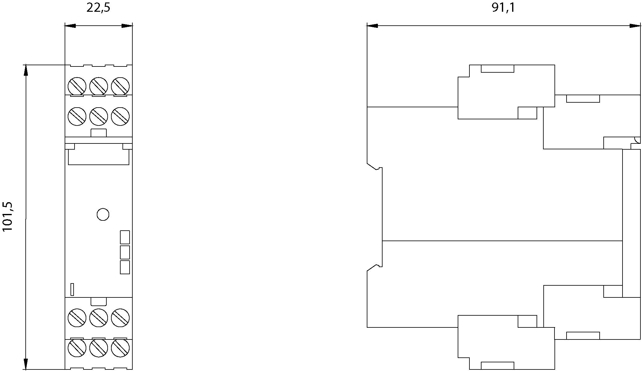 Rysunek techniczny urządzenia elektronicznego o wymiarach: szerokość 22,5 mm, wysokość 101,5 mm, długość 91,1 mm.