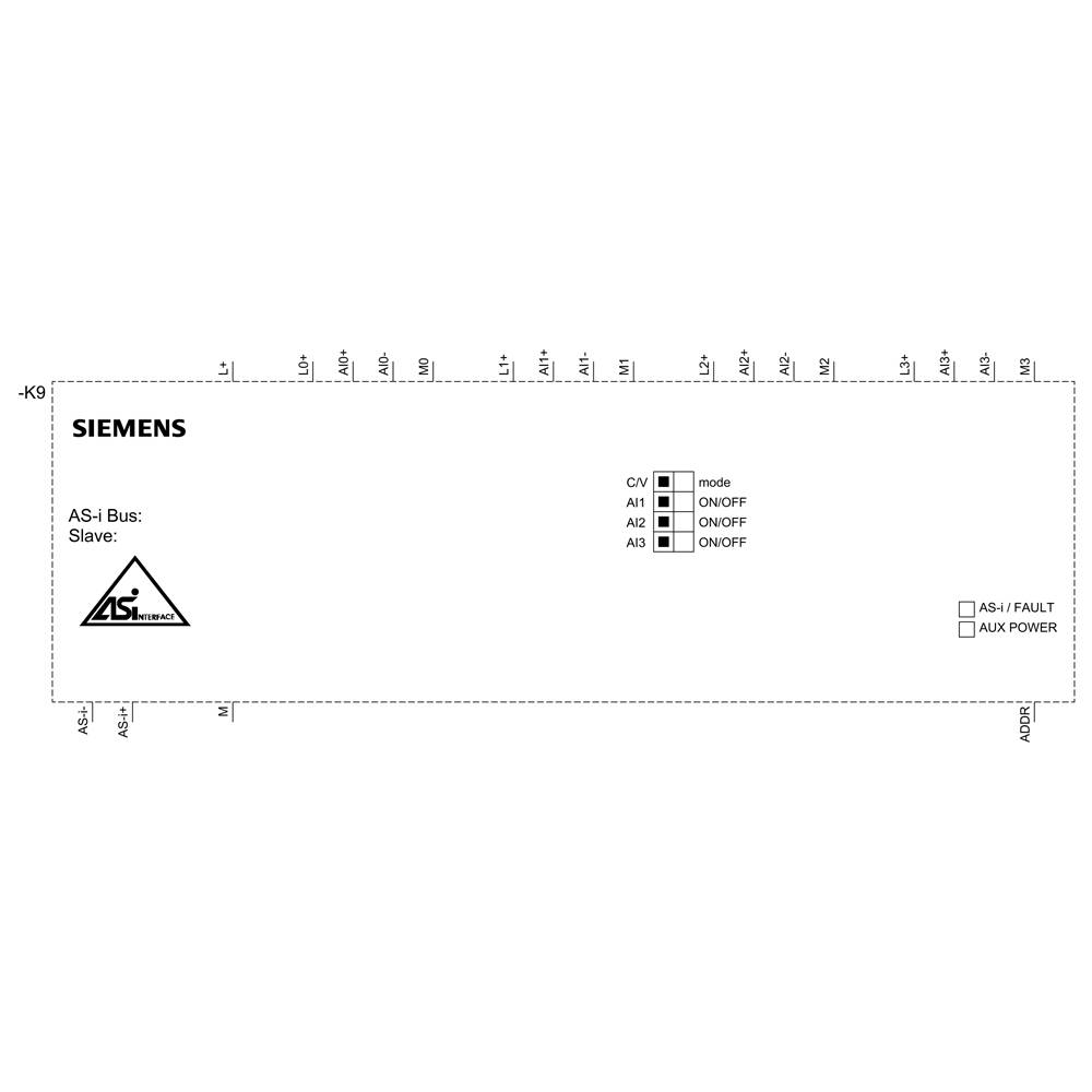 'Plan podłączenia magistrali Siemens AS-i Slave z rozmieszczeniem zacisków od A1 do A3 dla CV, przedstawiający opcje obwodów prądowych Włącz/Wyłącz oraz stany błędów.'