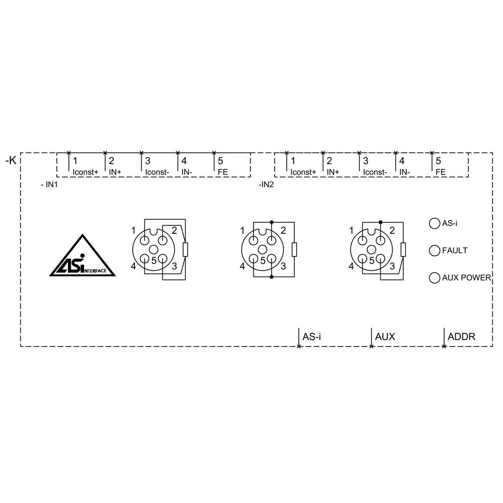 'Schemat okablowania modułu interfejsowego AS-i z przyłączami sygnałów wejściowych, zasilania, wskaźnika błędu i dodatkowego prądu.'